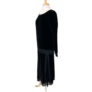 Bryan Emerson Vintage Black Velvet Lace Drop Waist Gothic Gatsby Flapper Dress